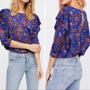Free People Woman's Dock Street Navy Blue Floral Ruffle Blouse Size Medium